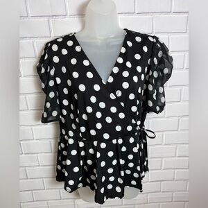 Perseption Concept Polka Dot black and white Wrap Blouse Size XL